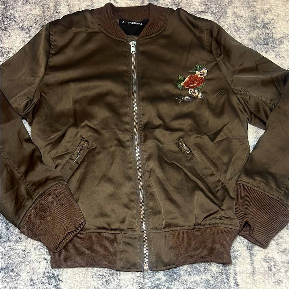 Olivaceous Brown Bomber Jacket with Owl Embroidery